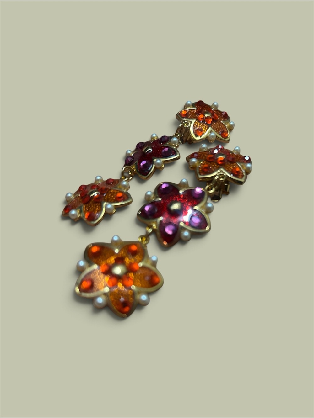 Craft signed gold-Tone Floral Dangle Earrings in Red and Orange Pearl Accent